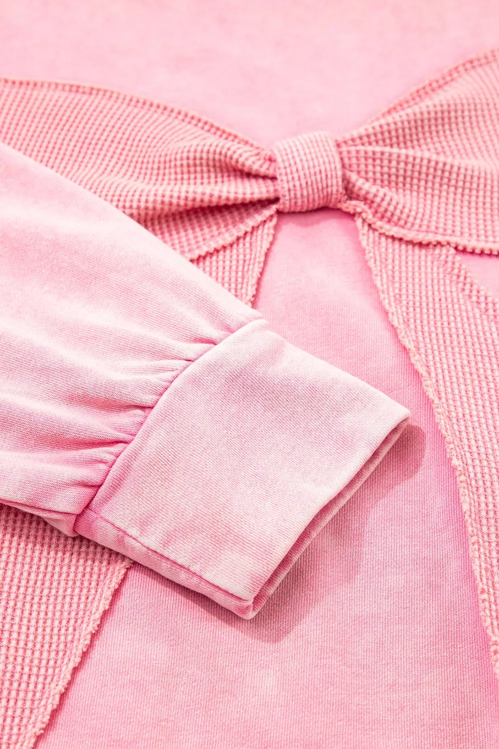 Premium Bright Pink Mineral Wash Big Bow Patchwork Pullover Sweatshirt Dear-Lover Dropshipping